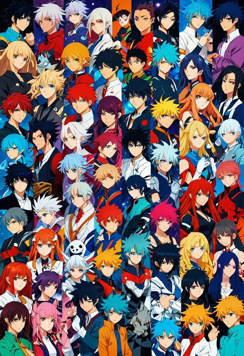 An artistic collage of iconic anime characters from different genres, featuring vibrant colors and dynamic poses that showcase their unique personalities. Include elements representing fantasy, sci-fi, and slice-of-life styles, with a diverse range of emotions. The background should be a whimsical blend of various anime worlds, captivating the essence of animated storytelling. Make it feel magical and inviting. super-realistic. vibrant colors. 3D.